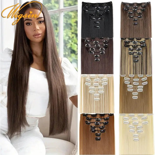 WIGSIN 24 Inch Synthetic Hair Extensions - 7PCS Long Straight Clip-In Hairpieces for Women in Black and Blonde Styles