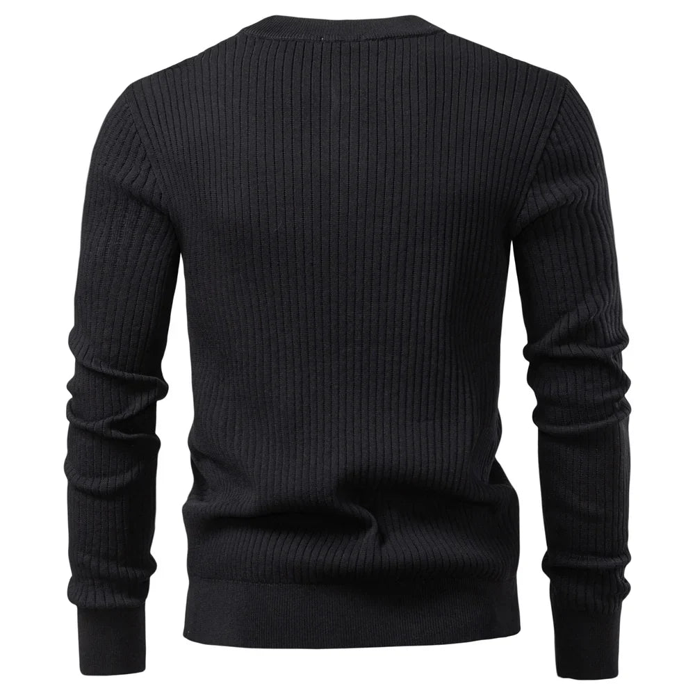 Men's Ribbed Stripe Polo Shirt - Long Sleeve Button Placket Premium Business Casual Top
