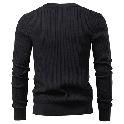 Men's Ribbed Stripe Polo Shirt - Long Sleeve Button Placket Premium Business Casual Top