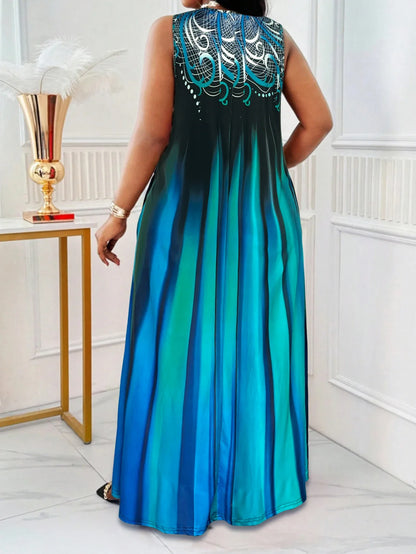 Plus Size Teal Blue Maxi Dress - Gradient Print Sleeveless Casual Sundress with Pocket