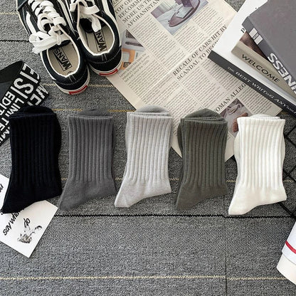 5 Pairs Cool Men's Socks Set – Black & White, Warm Autumn/Winter Sport Short Socks, Solid Color for Men