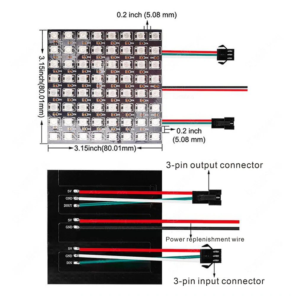 WS2812B RGB LED Pixel Display – 4x12, 8x8, 16x16, 8x32 Individually Addressable, Flexible Programmable 5V Screen