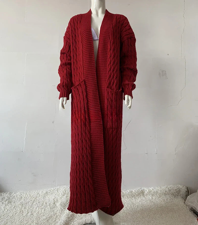 Women’s Long Knit Cardigan with Pockets – Vintage Full Sleeve Thick Autumn Winter Sweater Coat