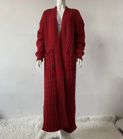 Women’s Long Knit Cardigan with Pockets – Vintage Full Sleeve Thick Autumn Winter Sweater Coat