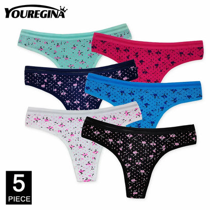 5 Pcs Women’s Cotton Thong Panties Set - Sexy Dot Star Print G-String Tanga Lingerie Intimate Underwear