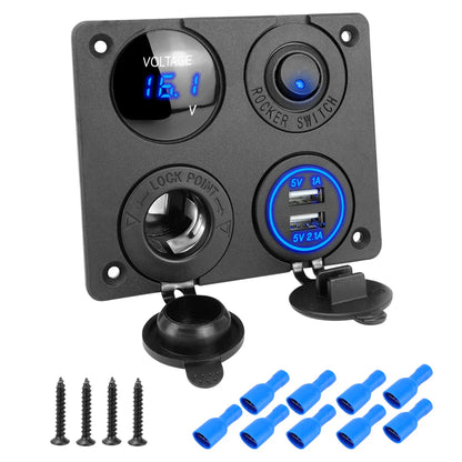 4-in-1 12V/24V Dual USB Power Adapter Panel 3.1A with LED Voltmeter & Rocker Switch for Car, RV, Truck & Marine Use
