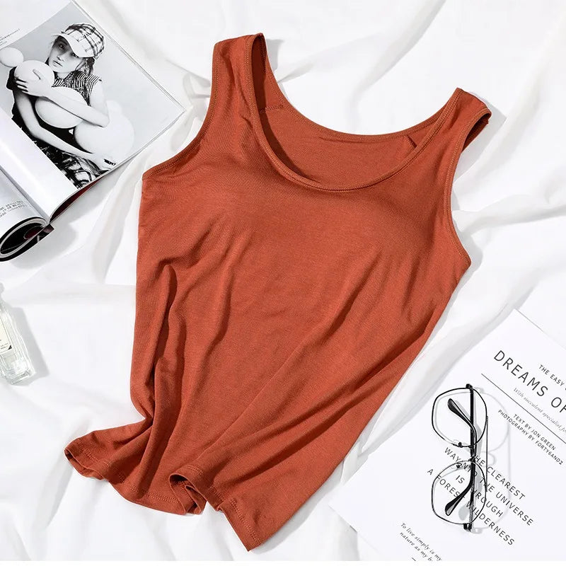 Women’s Built-In Bra Tank Top - Solid Color Padded Slim Fit Vest Shirt for Casual, Sexy & Everyday Wear