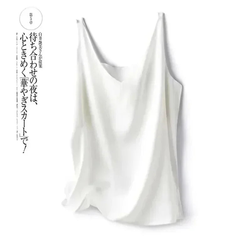 Women's V Neck Satin Silk Top - Sleeveless Acetic Acid Blouse for Elegant Summer Fashion