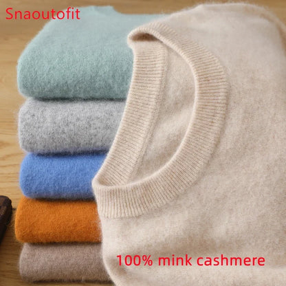 Men's Pure Mink Cashmere Sweater - O-Neck Long Sleeve Knit Pullover Autumn Winter Luxury Top