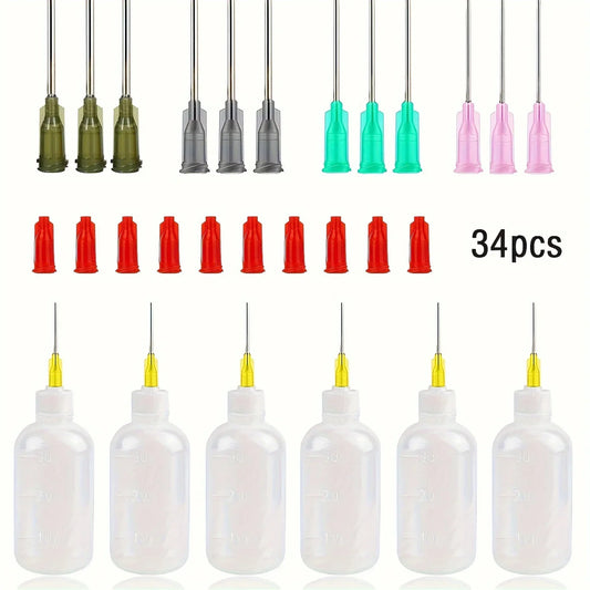 34pcs Glue Applicator Bottles Set – 30ml Plastic Squeezable Dropper with Blunt Needle Tips (14ga, 16ga, 18ga, 20ga)