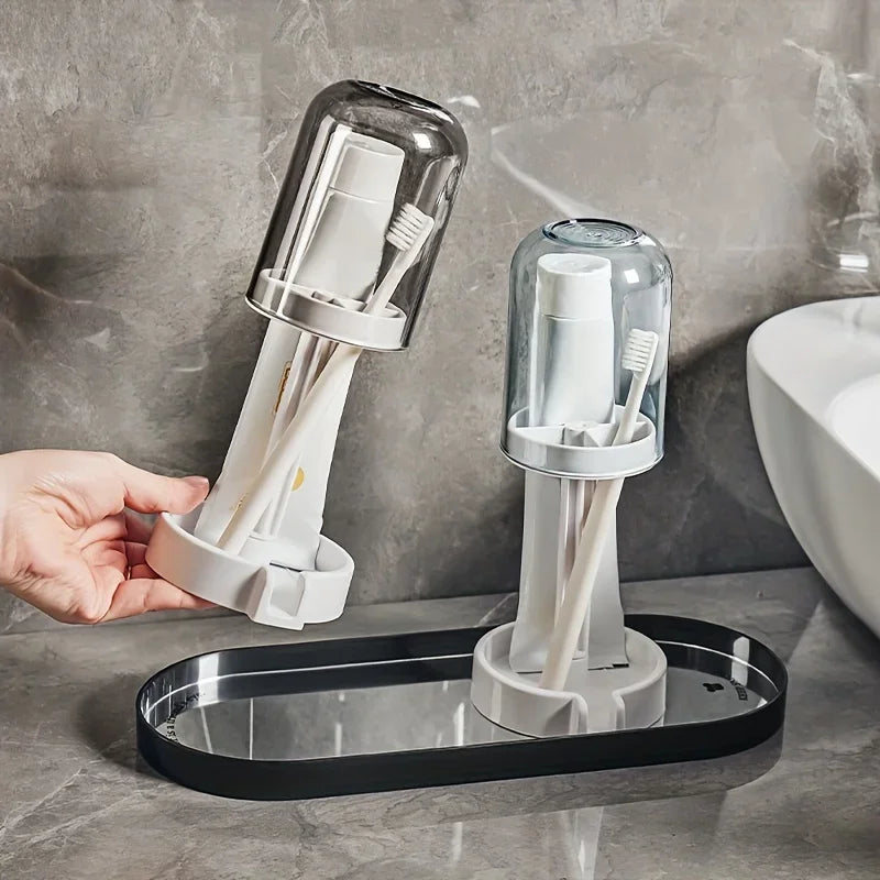 Bathroom Toothbrush Holder - Dust Cover Drainage Organizer with Multifunctional Toothbrush and Cup Storage