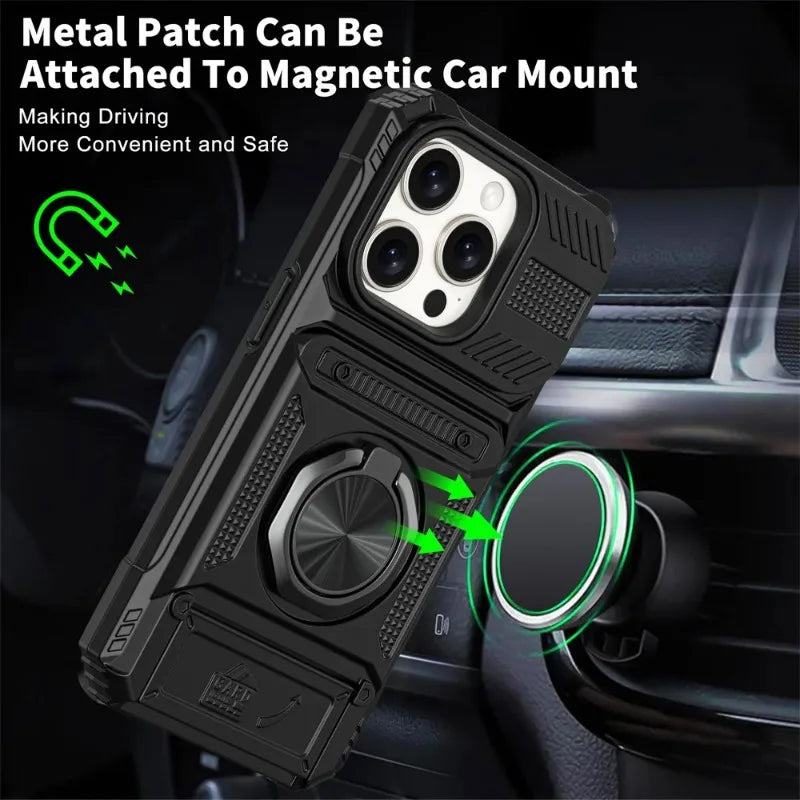 Magnetic Ring Kickstand iPhone Case - Heavy Duty Drop Protection Wallet Cover for iPhone 7-16 Series