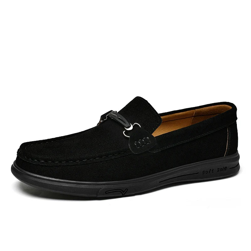 Men's Suede Leather Loafers - Black Slip-On Casual Driving & Business Shoes in Large Sizes
