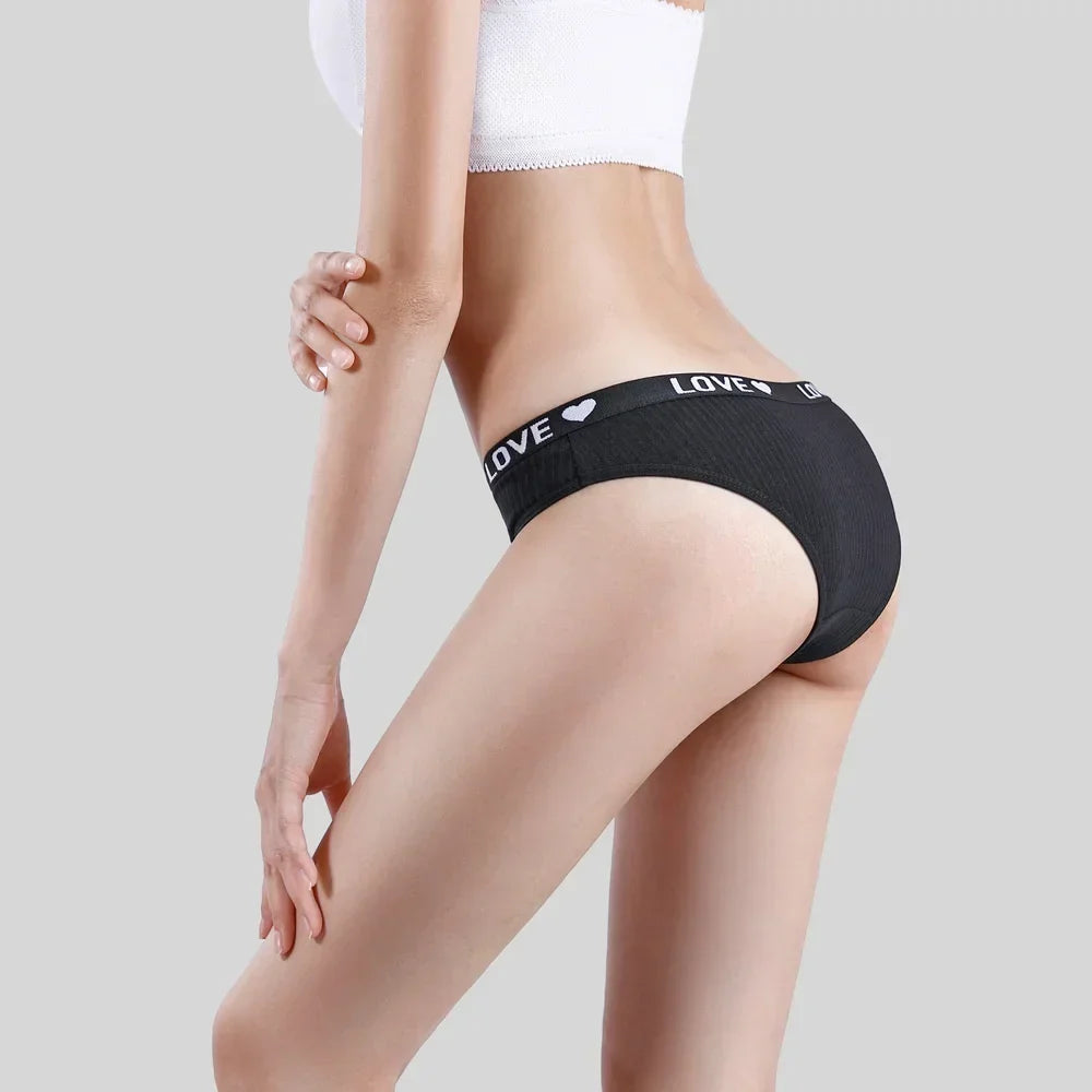 6PCS Women’s LOVE Ribbed Cotton Panties - Comfortable Low Waist Brief Underwear Set for Everyday Wear