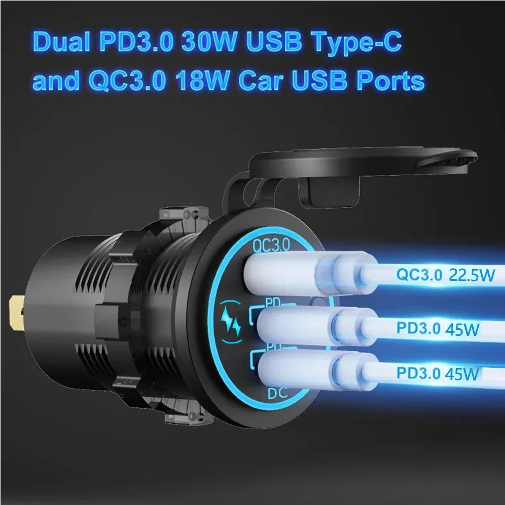 78W Dual USB C Car Charger Socket - PD3.0 & QC3.0 Fast Charging Adapter with LED Touch Switch for 12V/24V Vehicles