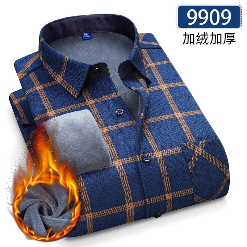 Men’s Fleece Plaid Shirt - Warm Thick Long Sleeve Business Check Shirt with Single Pocket for Autumn & Winter