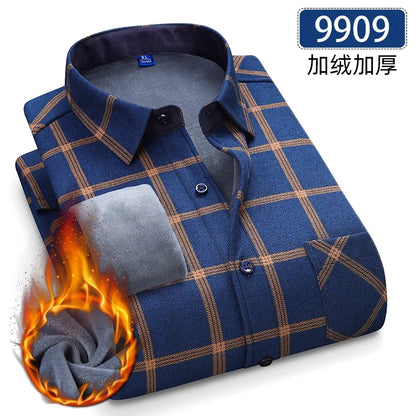 Men’s Fleece Plaid Shirt - Warm Thick Long Sleeve Business Check Shirt with Single Pocket for Autumn & Winter