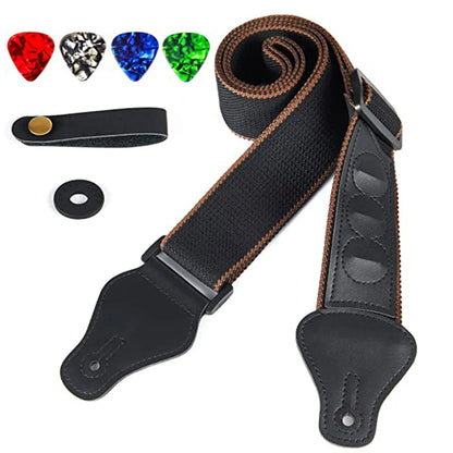 7Pcs Guitar Strap Set - Black PU Leather & Cotton Strap for Ukulele, Bass & Musical Instrument Accessories