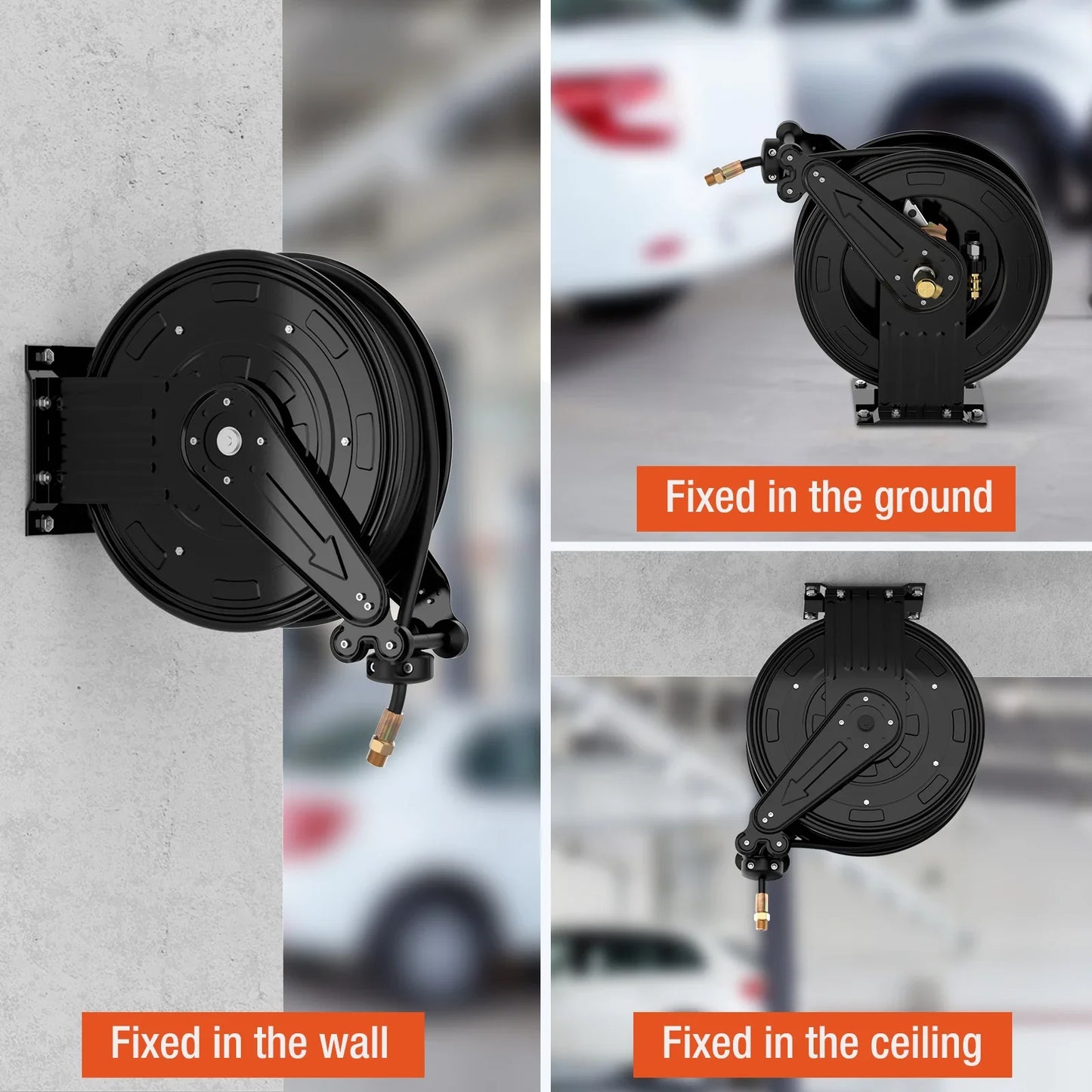 50FT Auto-Retractable Pressure Washer Hose Reel – Heavy Duty 300 PSI Steel Dual Arm Hose for Power Washers