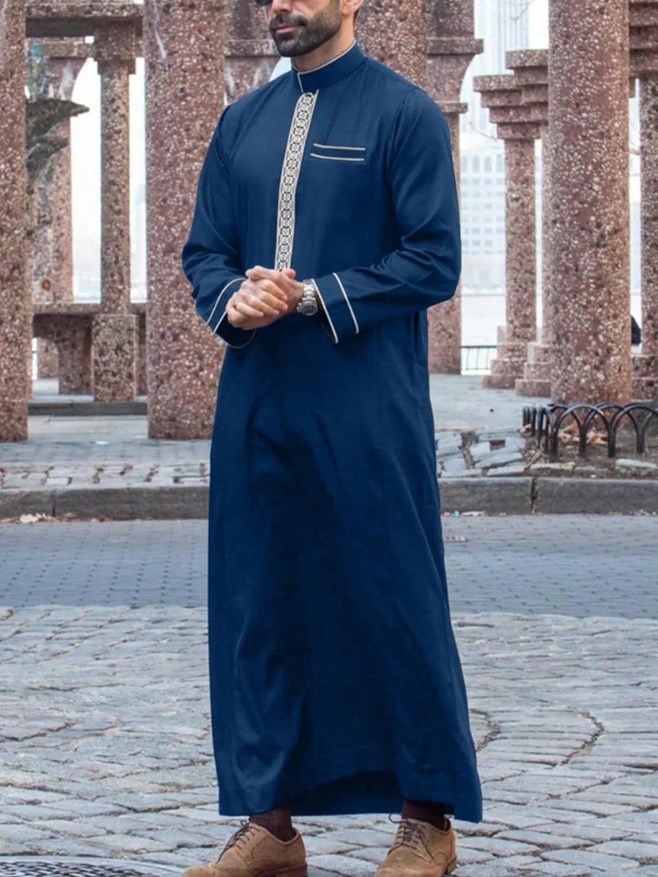 Men’s Embroidered Arabian Thobe - Traditional Islamic Long Sleeve Robe with Stand Collar