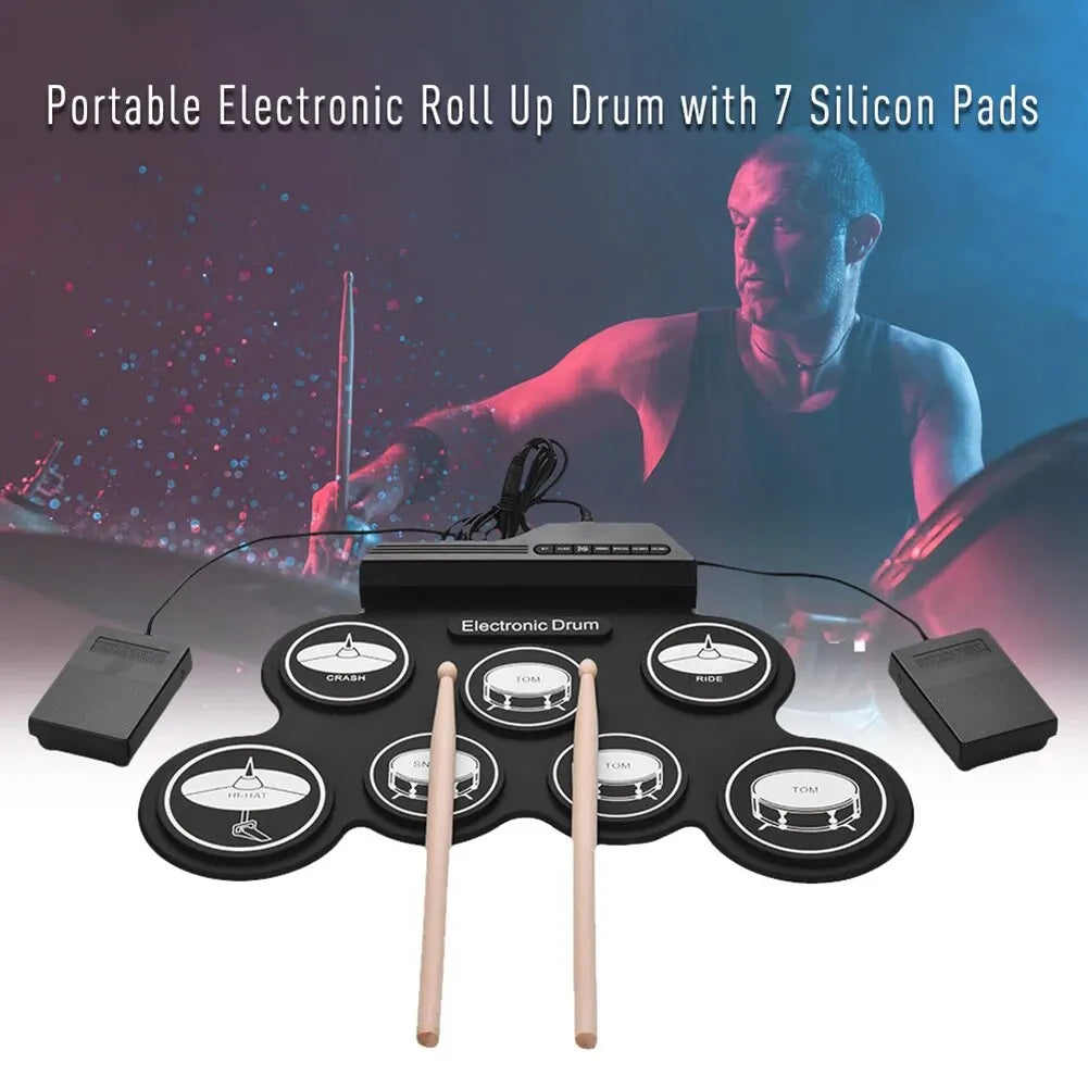 Portable Folding USB Electronic Drum Kit - Silicone Roll-Up Practice Pad with Drumsticks & Sustain Pedal