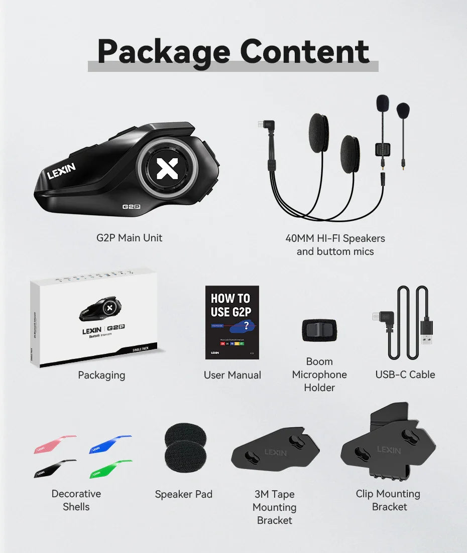 Lexin G2P Motorcycle Helmet Bluetooth Intercom – Hands-Free Communicator for Up to 6 Riders with FM Radio