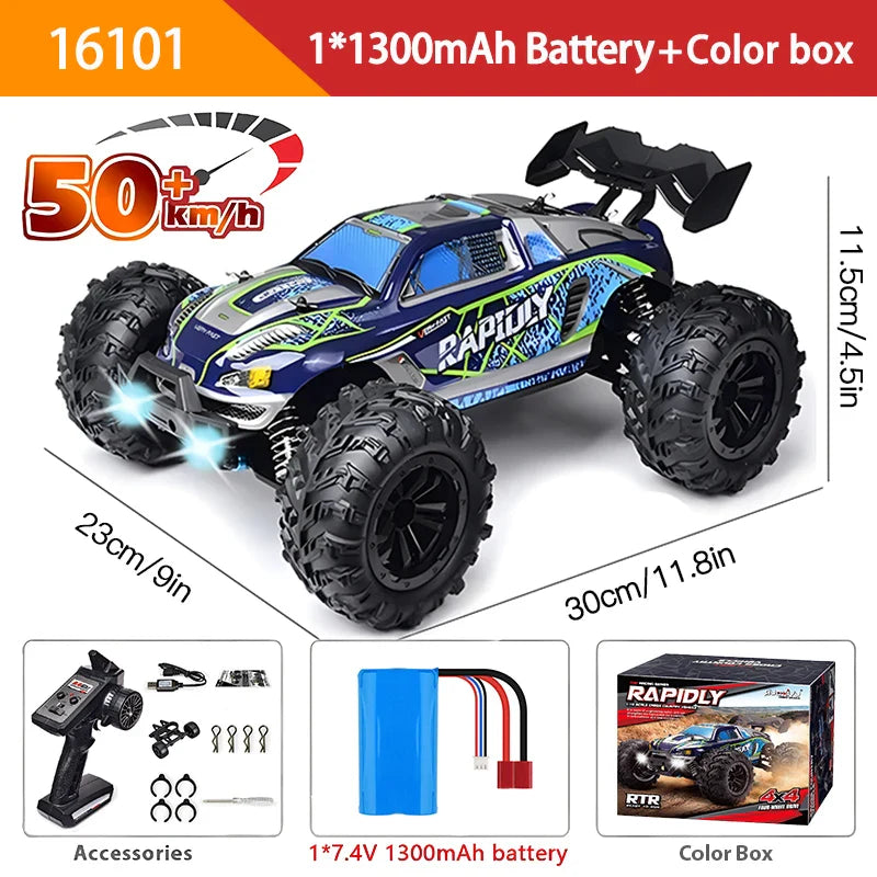 16103 Fast RC Cars – 50km/h 1/16 Off-Road 4WD Monster Truck with LED Headlights, 2.4G Waterproof Remote Control (For Adults & Kids)