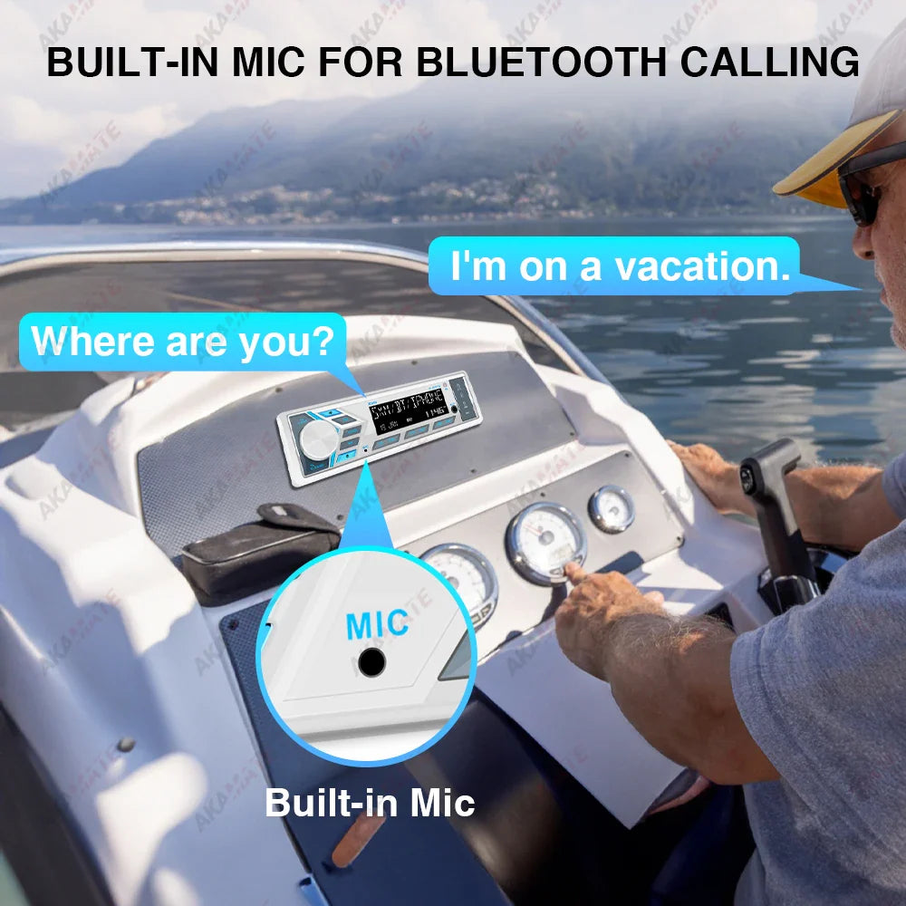 AKAMATE 1Din Boat Radio — Bluetooth Marine Media Stereo Player with AUX, USB, Remote Control, FM/AM for RV, ATV, UTV, SPA, RZR