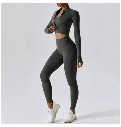 3PCS Women’s Yoga & Workout Set – Long Sleeve Zipper Top with High Waist Leggings Fitness Sportswear