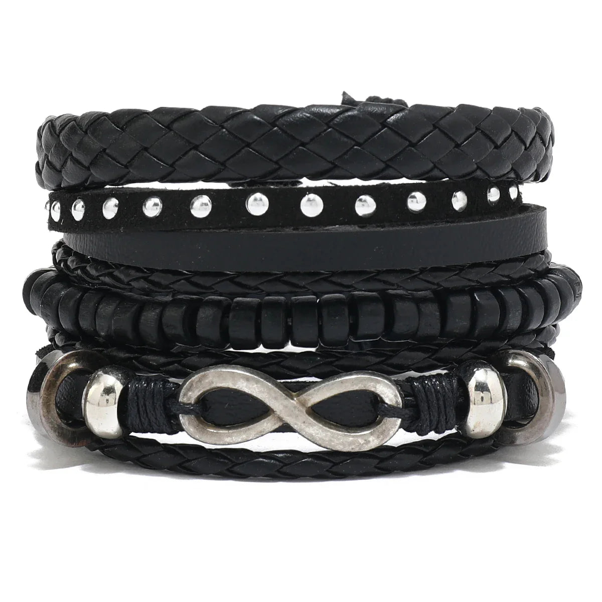 4Pcs Men's Braided Leather Bracelets Set – Vintage Life Tree & Rudder Charms, Wood Beads, Ethnic Tribal Wristbands