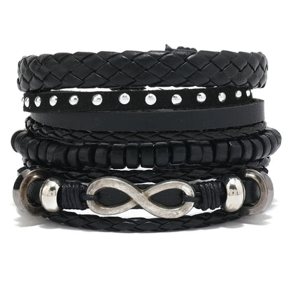 4Pcs Men's Braided Leather Bracelets Set – Vintage Life Tree & Rudder Charms, Wood Beads, Ethnic Tribal Wristbands