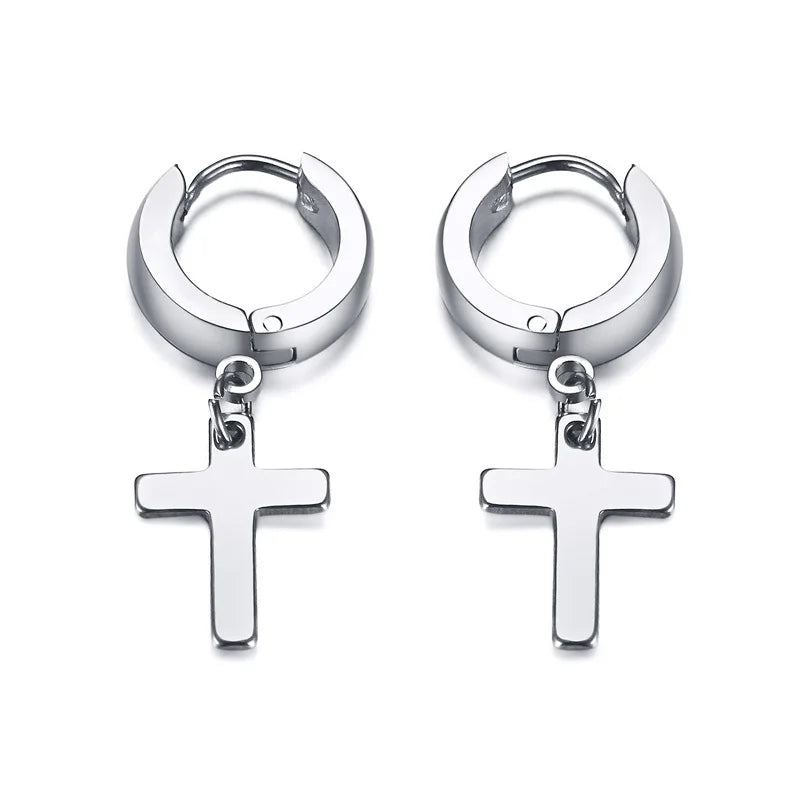 Stainless Steel Cross Charm Earrings - Men's Fashion Jewelry