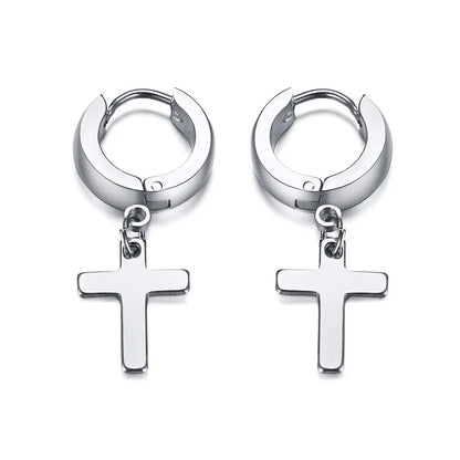 Stainless Steel Cross Charm Earrings - Men's Fashion Jewelry