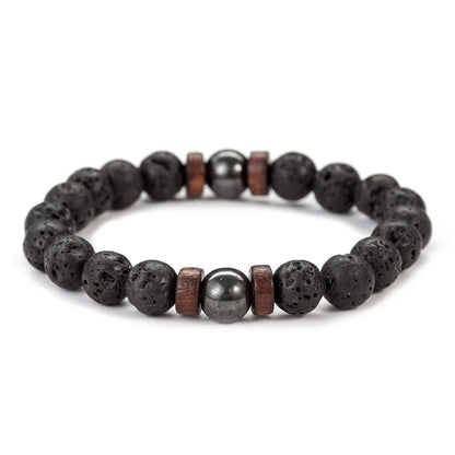 8mm Volcanic Lava Stone Bracelet - Handmade Elastic Beaded Bracelet for Men with Wooden Tibetan Buddha Style