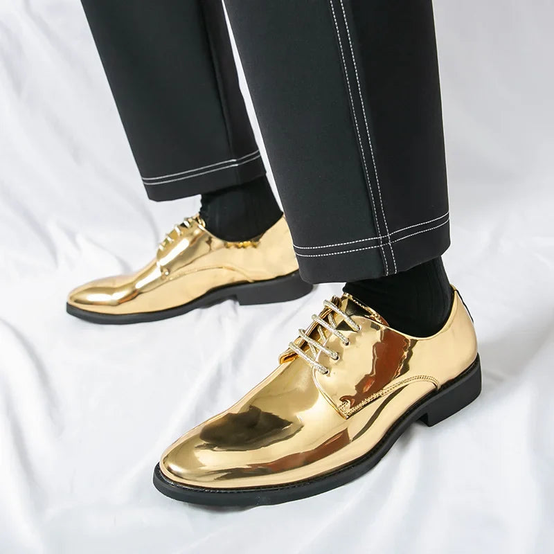Men’s Luxury Silver Patent Leather Oxford Shoes - Pointed Toe Wedding & Party Dress Shoes 38-50