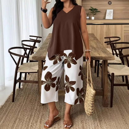 Women's Floral Print Sleeveless Summer Set - Elegant Casual 7/8 Length Fashion Outfit