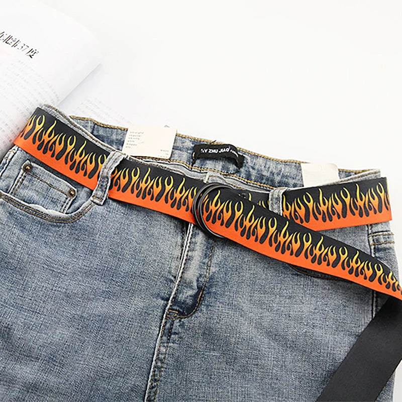 Hip Hop Fashion Canvas Belt – Personalized Flame Design, Casual & Punk Cowboy Belt for Men & Women