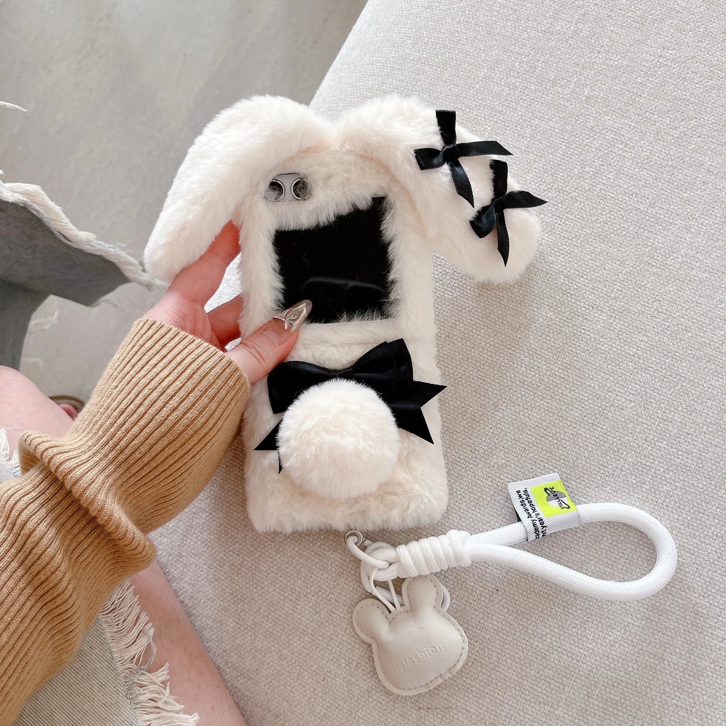 Cute Maid Bunny Folding Plush Phone Case with Lanyard – Kawaii Phone Accessories for Galaxy Z Flip 3 4 5 6