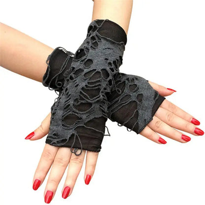 Gothic Fingerless Gloves - Unisex Stretchy Distressed Fashion Party Wear