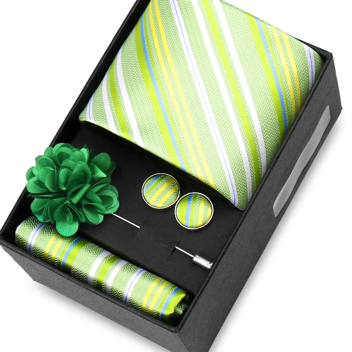Elegant Men’s Necktie Gift Set - Fashion Tie with Handkerchief, Cufflinks & Brooch Pin Accessories for Business & Wedding
