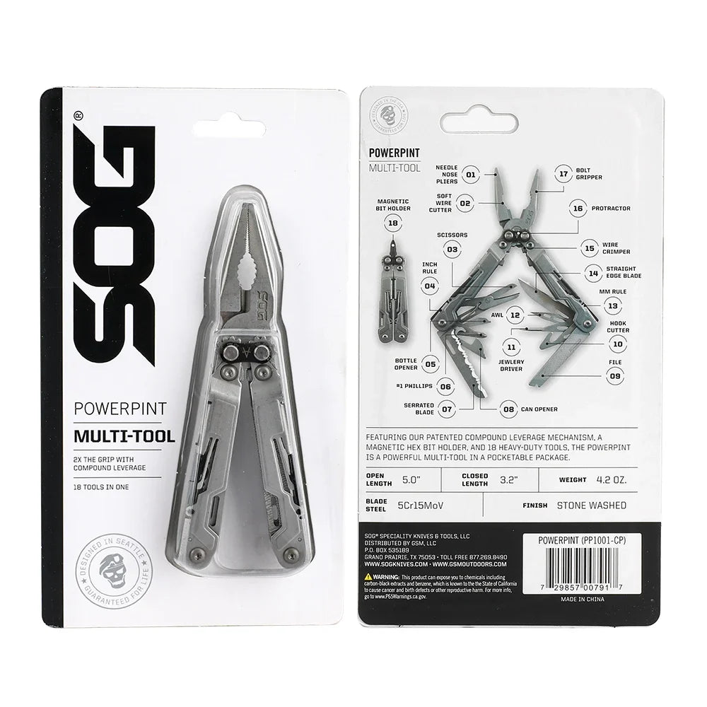 SOG PowerPint Multi Tool - 18-in-1 Folding Pocket Tool with Pliers Knife and Portable EDC Camping Accessories