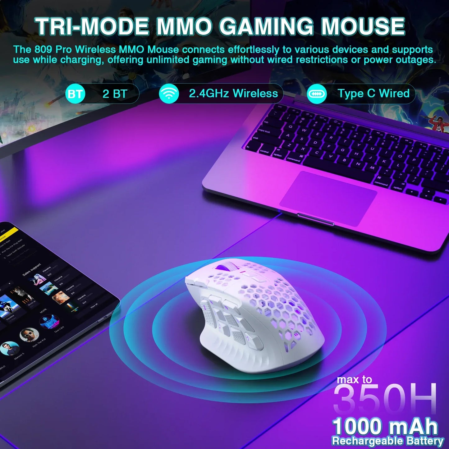 SOLAKAKA SM809 Pro MMO Gaming Mouse - 16-Button Wireless RGB Mouse with 24000 DPI & Programmable Macros