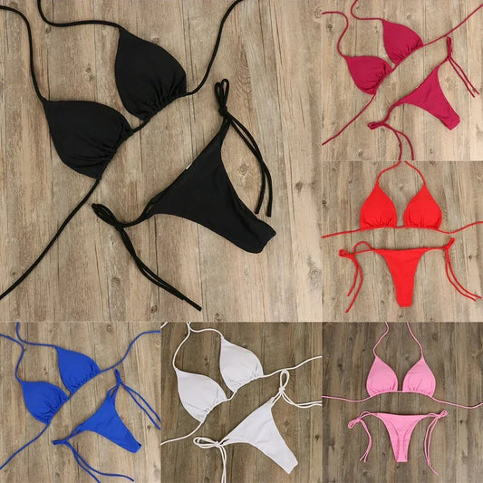 3-Piece Sexy Halter Bikini Set - Solid Color Thong Swimsuit for Beach & Swimwear