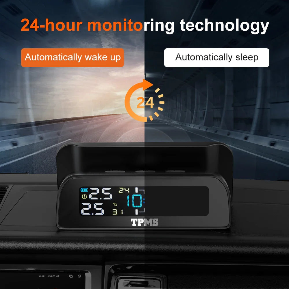Solar TPMS Tire Pressure Monitoring System – 4-Wheel External Sensors with Temperature Alarm for Car Tyre Safety