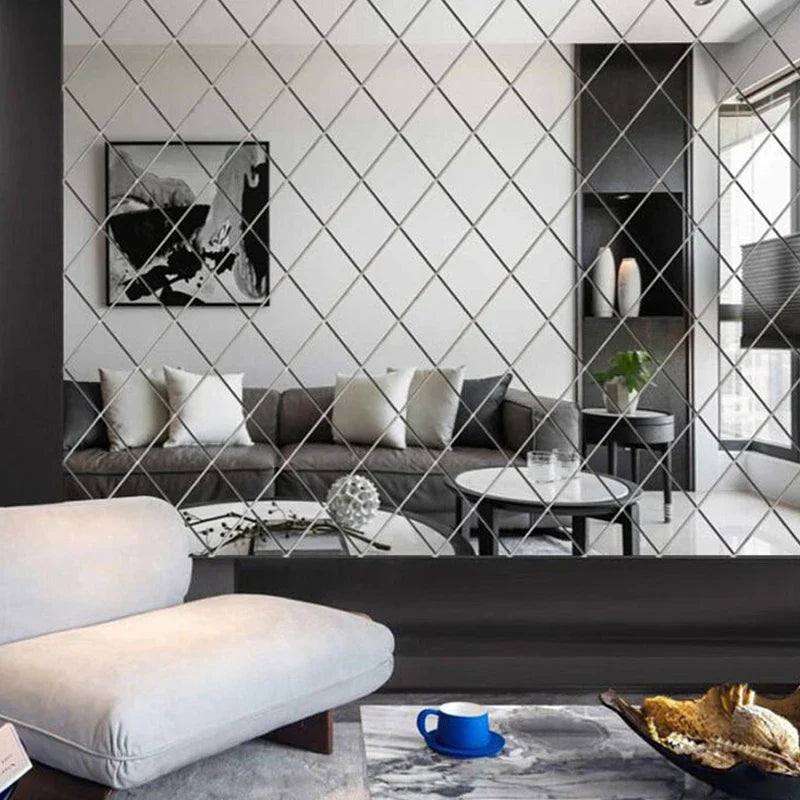 3D Diamond Acrylic Mirror Wall Sticker – Removable Decorative Glass Tiles (17pcs)