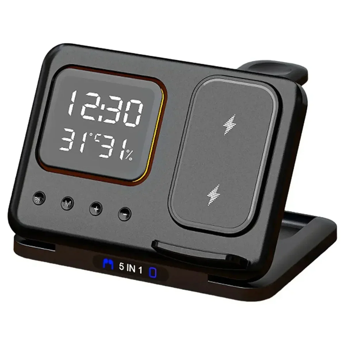 5-in-1 Foldable Wireless Charger Station - LED Digital Alarm Clock Fast Charging Dock for iPhone 15/14 & iWatch 8