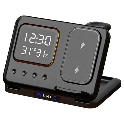 5-in-1 Foldable Wireless Charger Station - LED Digital Alarm Clock Fast Charging Dock for iPhone 15/14 & iWatch 8