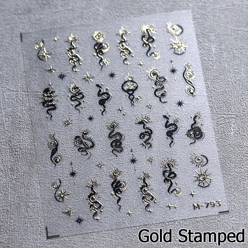 5D Gold Stamped Nail Art Stickers - Silver Sun Stars Snake Chinese Style Self-Adhesive Manicure Decals