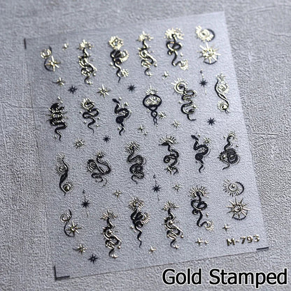 5D Gold Stamped Nail Art Stickers - Silver Sun Stars Snake Chinese Style Self-Adhesive Manicure Decals