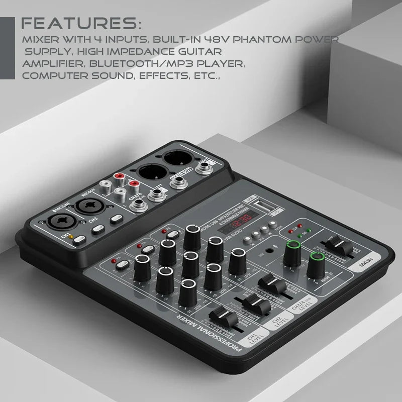 4-Channel Audio Mixer - USB Studio Sound Mixing Console with Bluetooth, 48V Phantom Power & DJ Karaoke Support